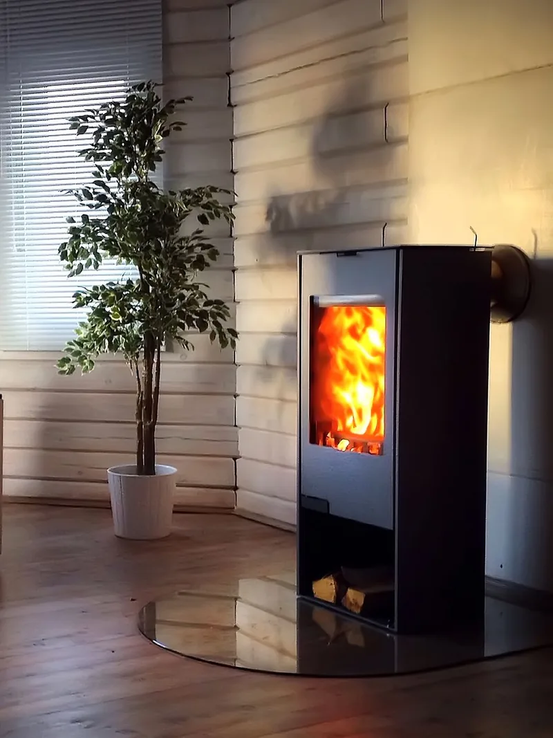 Cheminée moderne noire à façade vitrée, flammes vives sur un foyer en verre. Un arbre se dresse à proximité.
